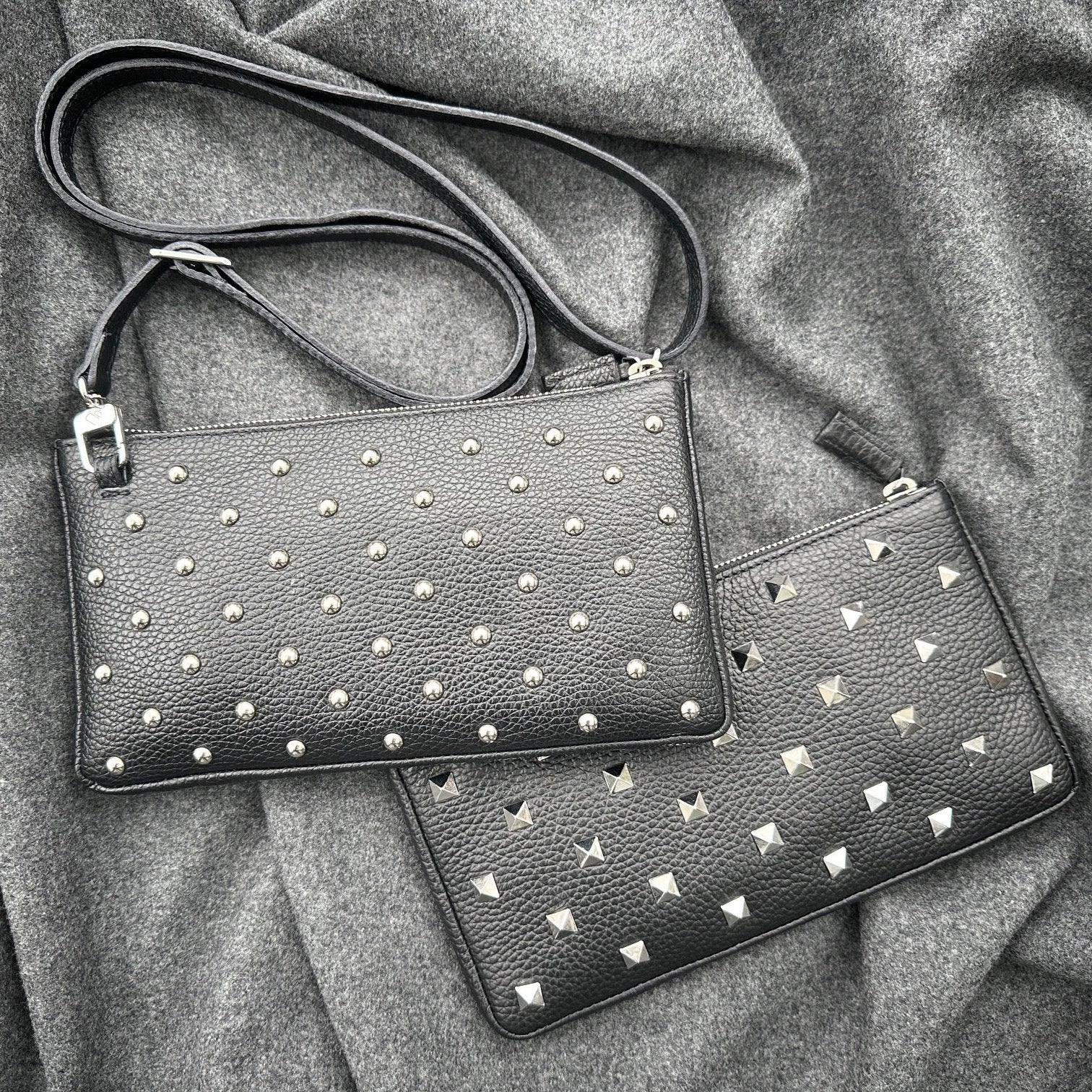 kleine Ledertasche mit runden Nieten, kleine Ledertasche, Nietentasche klein, kleine Nietentasche mit runden Nieten kaufen, Nietentaschen, minibag mit Nieten, mini bag mit Nieten, Handytasche mit Nieten rund und eckig, kleine schwrze Tasche mit Nieten