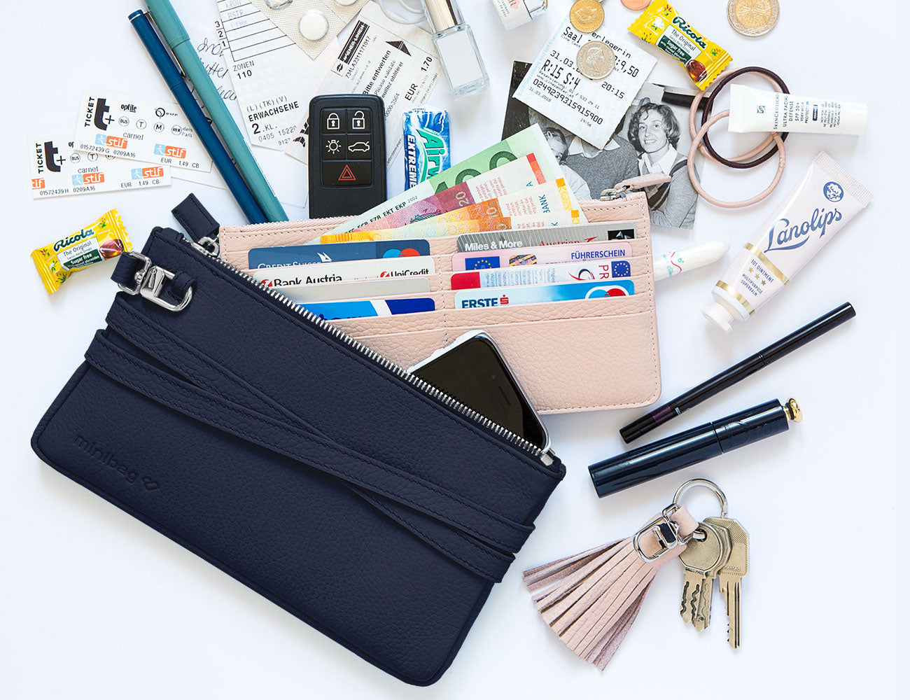 minibag navy, Ledertasche dunkelblau, Clutch dunkelblau, minibag wallet nude, Quaste nude, minibag