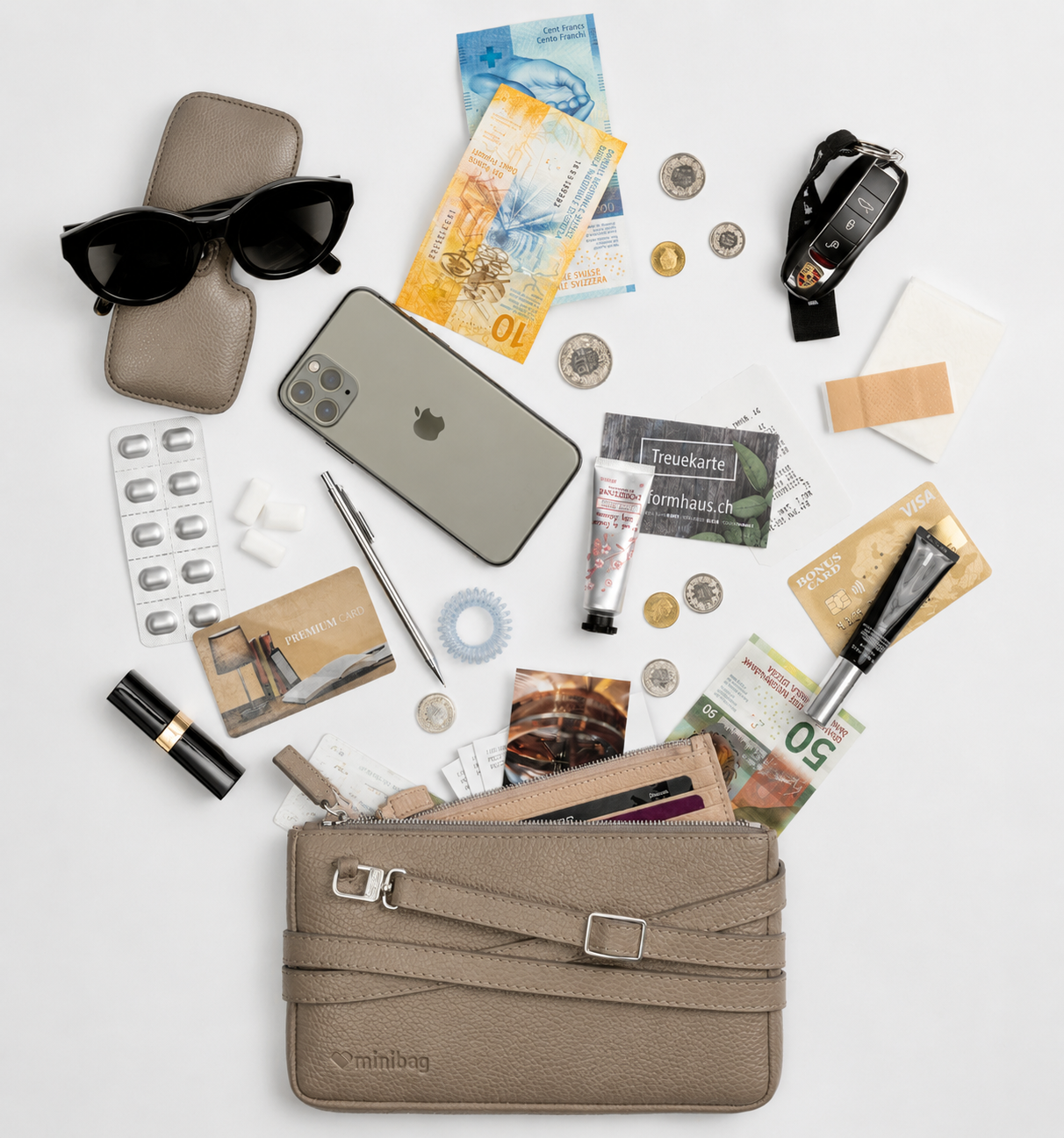 minibag taupe Fullbundle + gratis Schlüsselanhänger