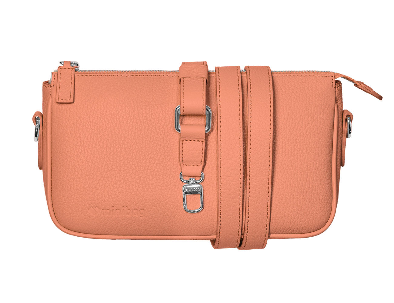 Vorderansicht minibag Ledertasche Clutch Kate in der Farbe salmon mitt Gurt