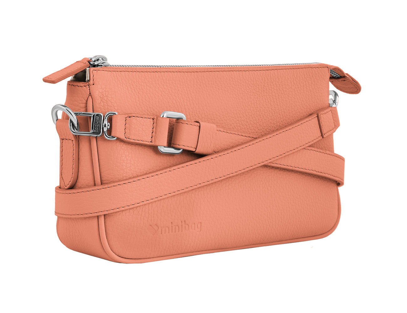 minibag Ledertasche Clutch Kate in der Farbe salmon mit herumgewickeltem Gurt aus seitlicher Ansicht