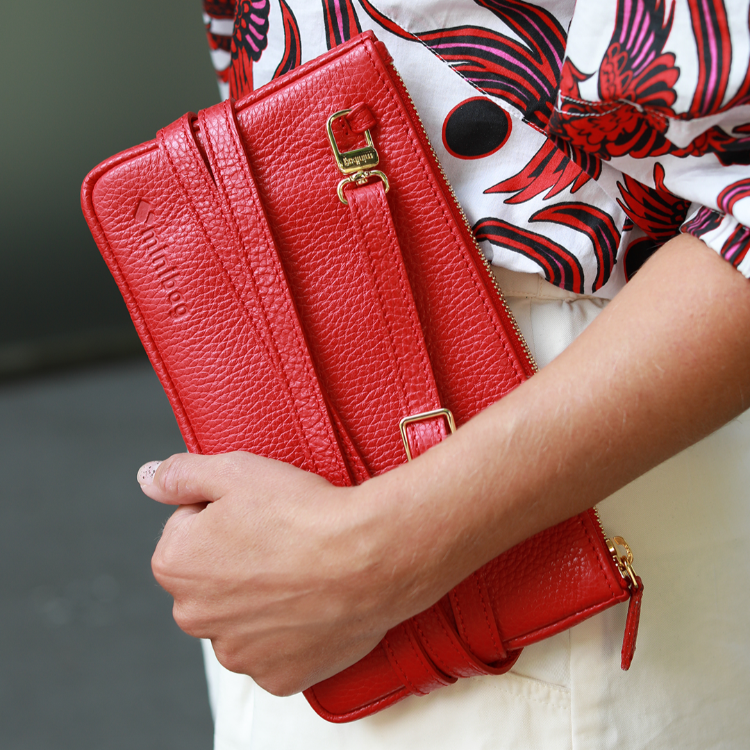 minibag red Edition GOLD, Ledertasche rot, Clutch rot, goldene Details, Geldtasche zum Umhängen