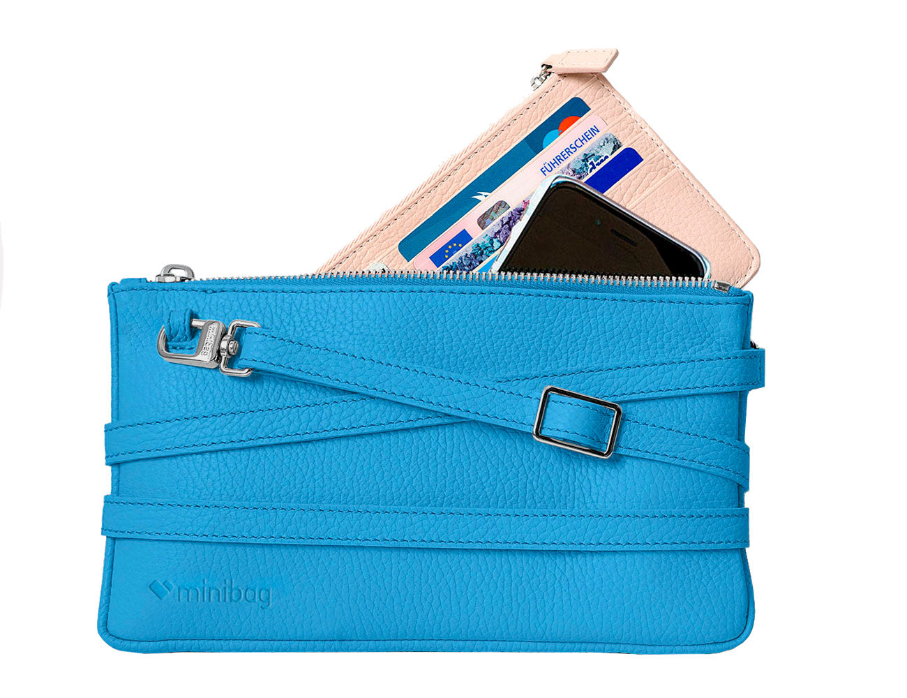 minibag cobalt, blaue Ledertasche, minibag wallet nude, blaue Clutch, minibag Geldbörse