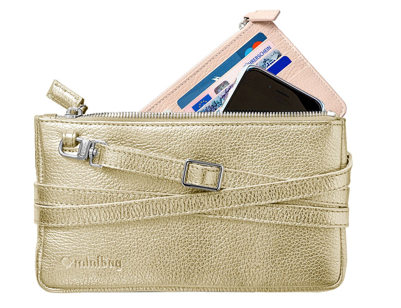 minibag metallic gold, Ledertasche gold, minibag Wallet nude, Clutch gold, Geldtasche zum Umhängen