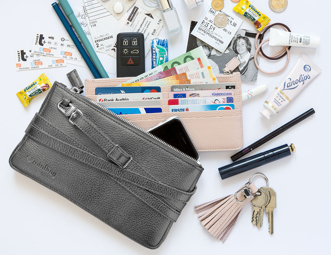 minibag metallic anthracite, Ledertasche metallic grau, Clutch metallic grau, Wallet nude, Quaste 