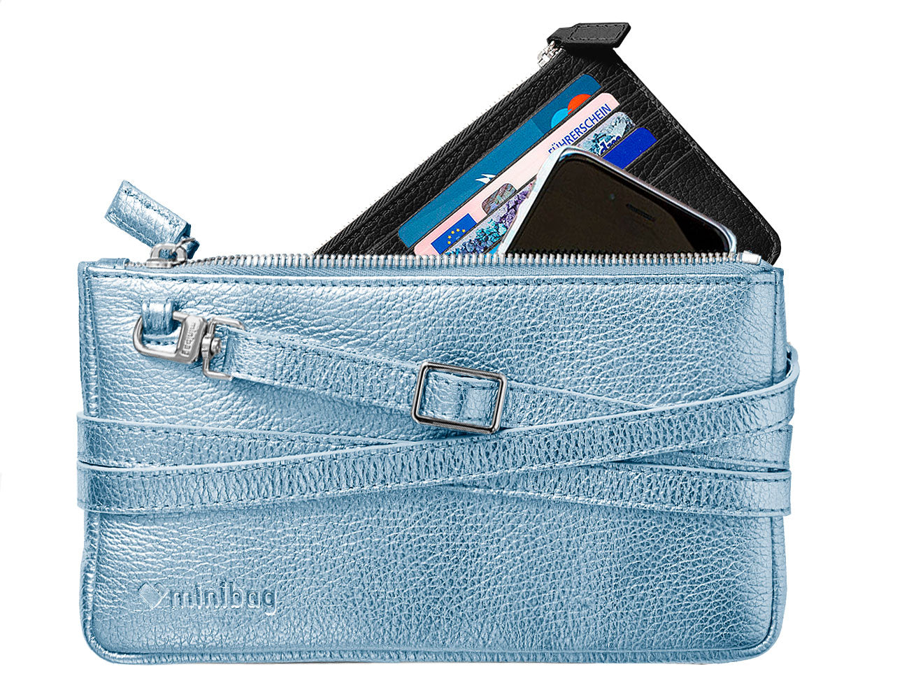 minibag metallic ice, Ledertasche eisblau, Geldtasche zum Umhängen, Wallet schwarz, Clutch blau