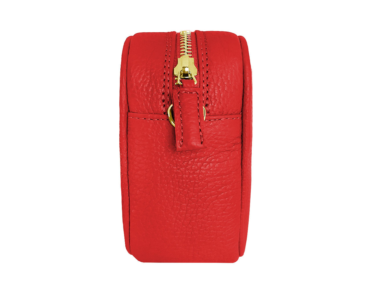 minibag PLUS 2 in rot Edition GOLD, rote Ledertasche, goldene Details, Seitenansicht minibag PLUS 2